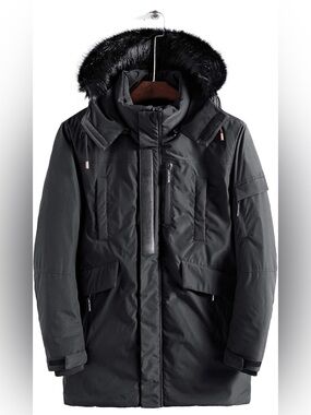 Men's Long Parka with Removable Faux Fur Hood